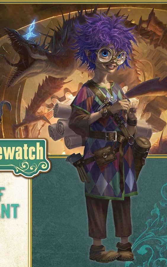 Part of the cover of book six. It features a gnome with short purple hair, BIG EYES, thick glasses, and so many scrolls. 